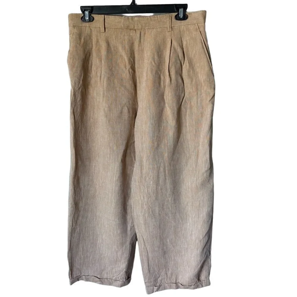 PJ Prestige Trousers Mens Size 38 Tan Pleated Linen Belt Loops Lightweight